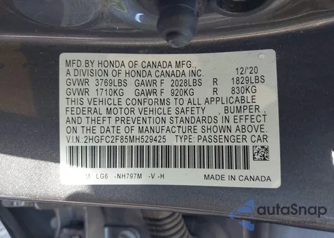 2021 Honda Civic Sport from USA, damaged, VIN 2HGFC2F85MH529425